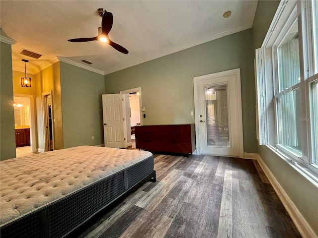 bedroom featuring ceiling fan, ornamental molding, ensuite bath, and dark wood-type flooring