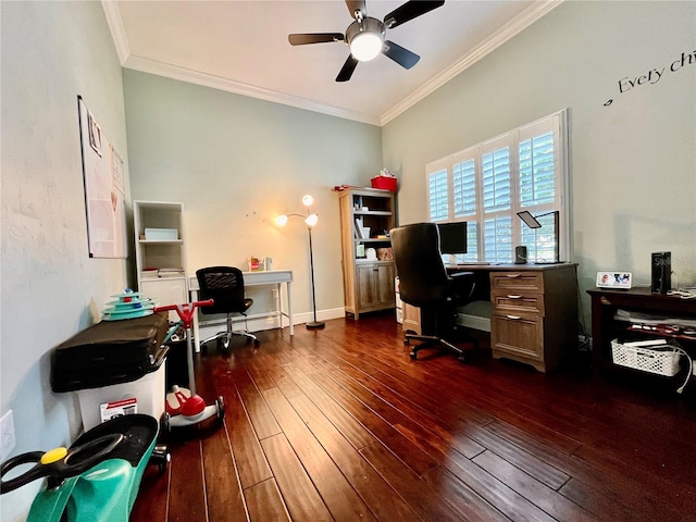 office area with ornamental molding, dark hardwood / wood-style flooring, and ceiling fan