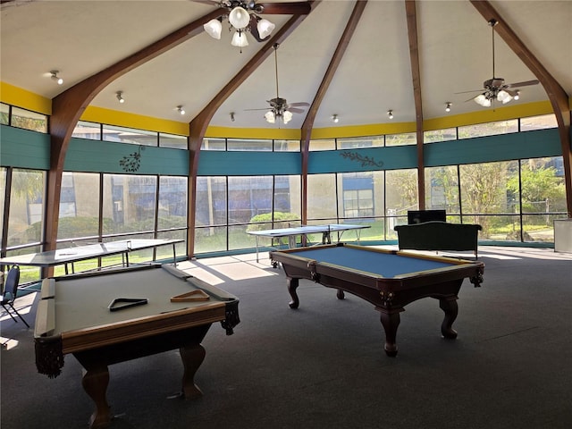 game room with high vaulted ceiling, a wealth of natural light, carpet floors, and billiards