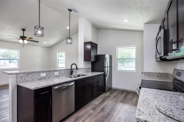 kitchen with vaulted ceiling, a healthy amount of sunlight, dark wood-type flooring, a peninsula, and appliances with stainless steel finishes