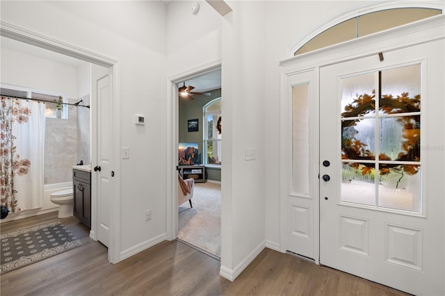 entrance foyer featuring light wood-type flooring and ceiling fan