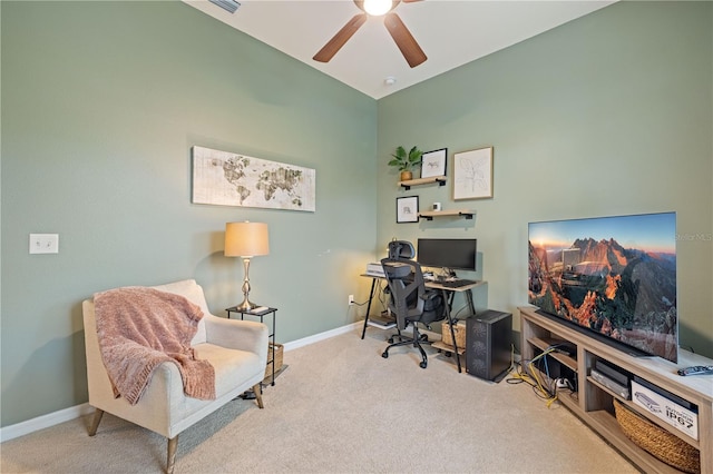 office space featuring ceiling fan and carpet flooring