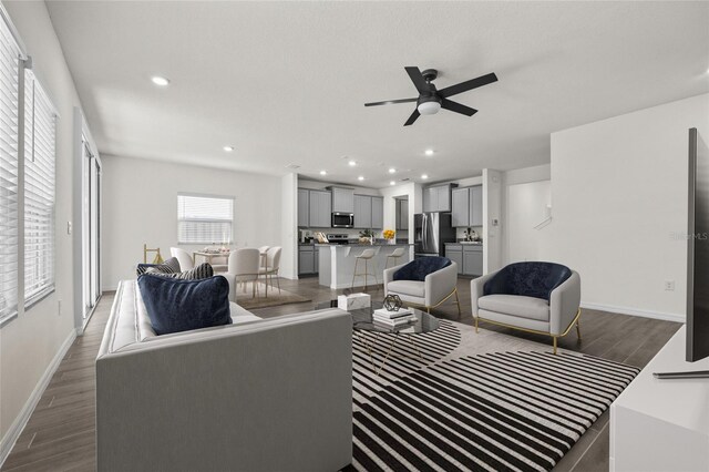 living room featuring ceiling fan and dark wood-type flooring