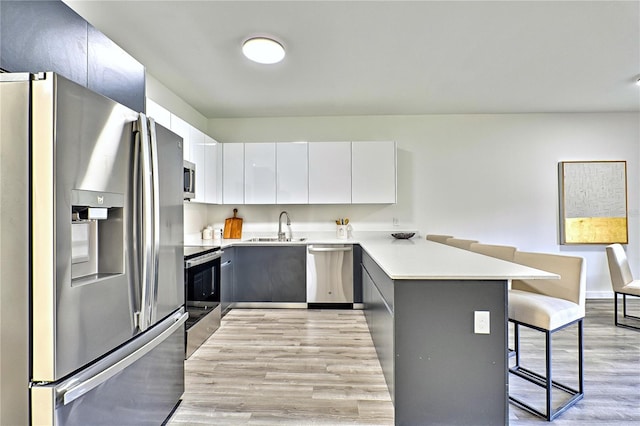 kitchen featuring kitchen peninsula, appliances with stainless steel finishes, a kitchen breakfast bar, sink, and white cabinets