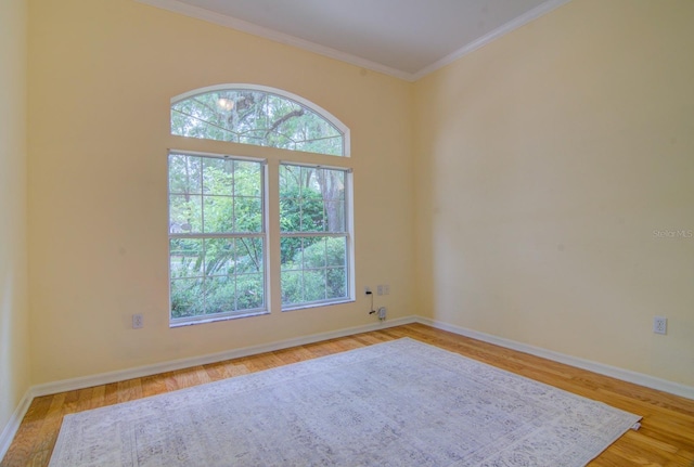 empty room with light wood-type flooring and crown molding