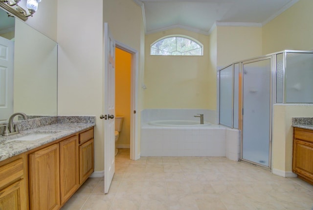 full bathroom featuring vanity, ornamental molding, vaulted ceiling, plus walk in shower, and toilet