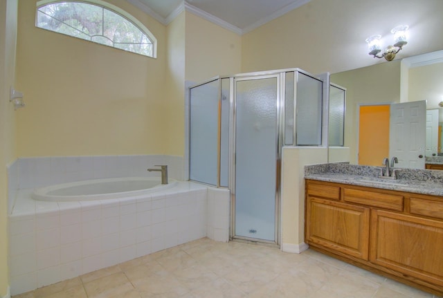 bathroom with vanity, plus walk in shower, and crown molding