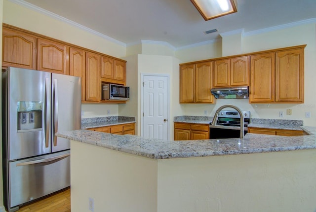 kitchen featuring light stone counters, kitchen peninsula, stainless steel appliances, light hardwood / wood-style flooring, and ornamental molding