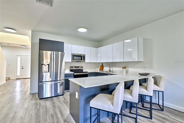 kitchen featuring a kitchen bar, appliances with stainless steel finishes, kitchen peninsula, and white cabinetry