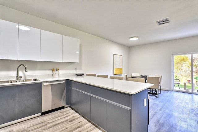 kitchen with kitchen peninsula, white cabinets, sink, light hardwood / wood-style flooring, and dishwasher