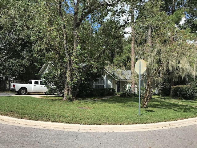 obstructed view of property with a front lawn