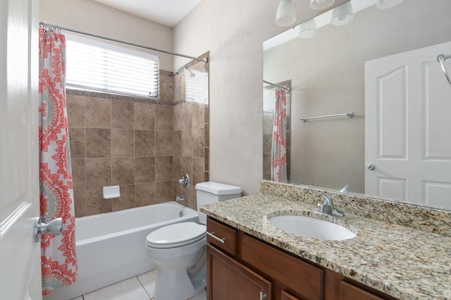 full bathroom featuring shower / bath combo, tile patterned flooring, vanity, and toilet