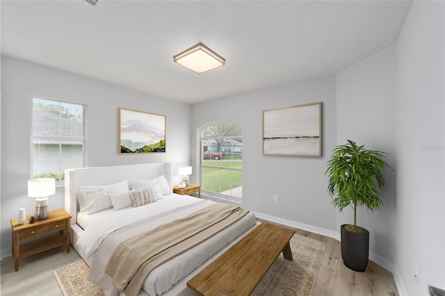 bedroom featuring light wood-type flooring and multiple windows