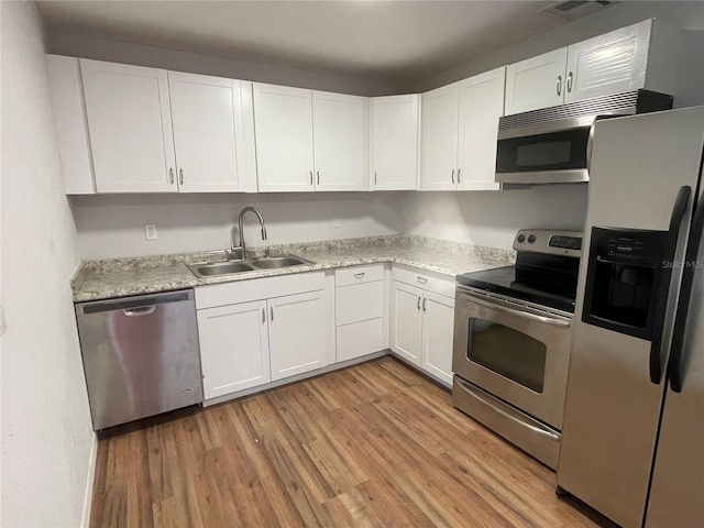 kitchen with stainless steel appliances, white cabinetry, sink, and light wood-type flooring