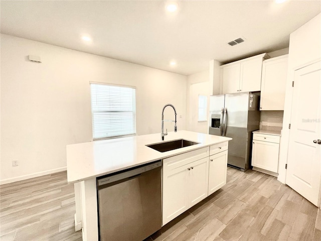 kitchen with a kitchen island with sink, sink, white cabinets, and appliances with stainless steel finishes