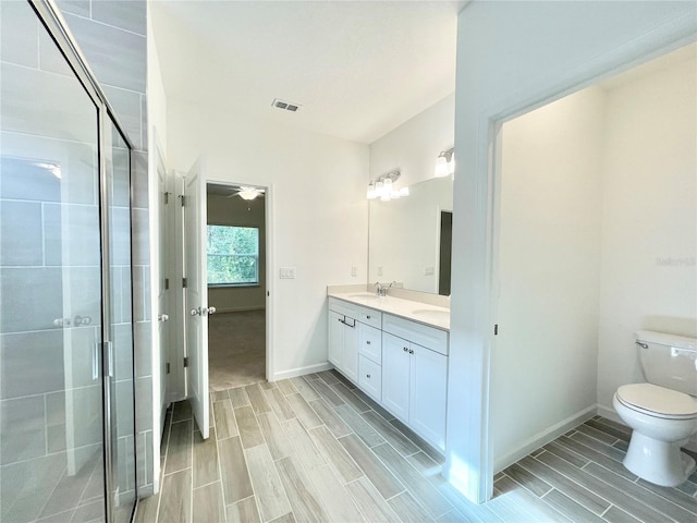 bathroom with vanity, an enclosed shower, and toilet