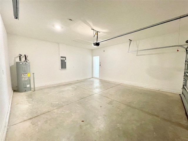 garage featuring a garage door opener, electric panel, and electric water heater