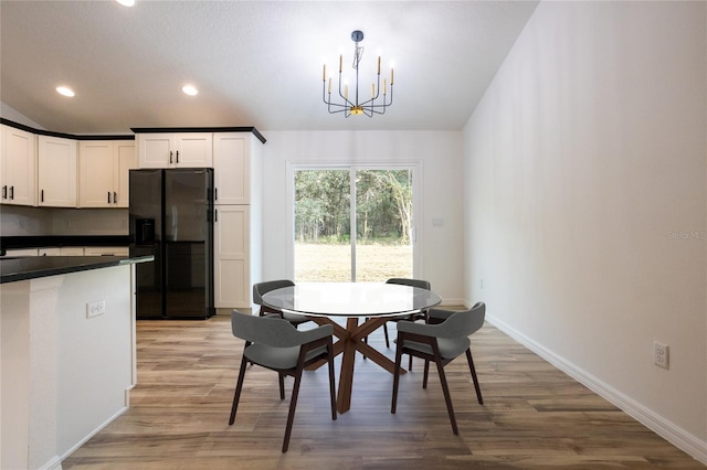 dining area featuring wood-type flooring, a notable chandelier, and lofted ceiling