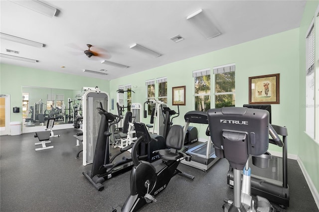 workout area featuring ceiling fan