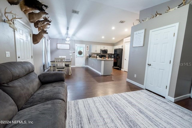 living room with sink, lofted ceiling, and dark hardwood / wood-style flooring