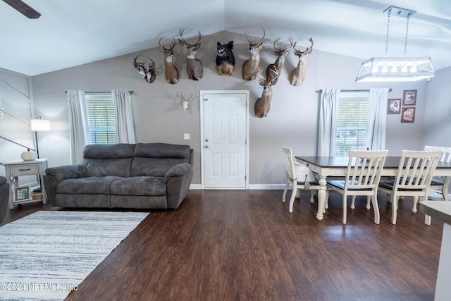 dining space with vaulted ceiling, dark hardwood / wood-style flooring, and a healthy amount of sunlight