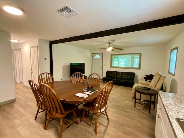 dining room with light wood-type flooring and ceiling fan