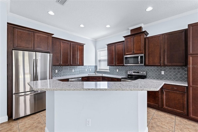 kitchen featuring crown molding, stainless steel appliances, sink, and light stone counters