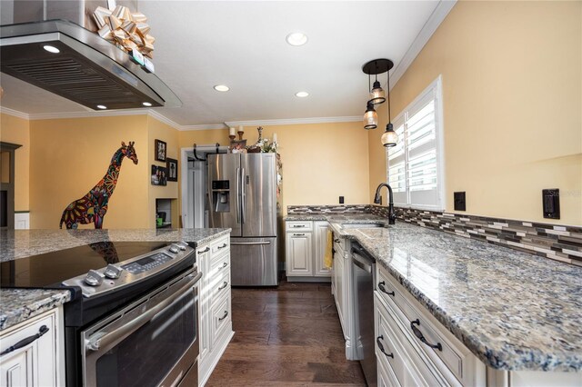 kitchen with tasteful backsplash, light stone countertops, appliances with stainless steel finishes, dark hardwood / wood-style flooring, and white cabinetry