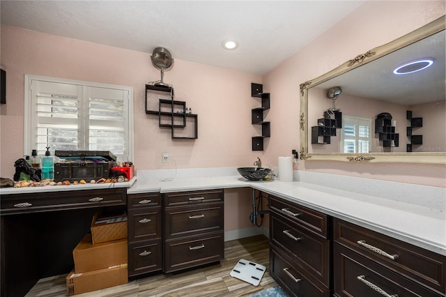 interior space with a healthy amount of sunlight, dark brown cabinetry, and light wood-type flooring