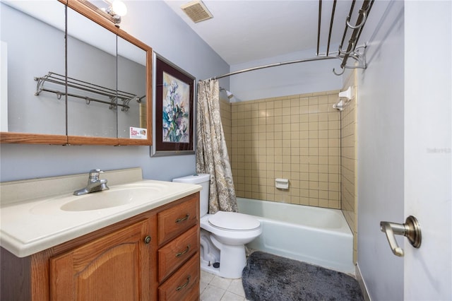 full bathroom featuring vanity, toilet, shower / bath combination with curtain, and tile patterned floors