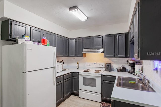 kitchen with white appliances, backsplash, sink, and light hardwood / wood-style flooring