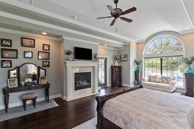 bedroom featuring crown molding, ceiling fan, and dark hardwood / wood-style flooring