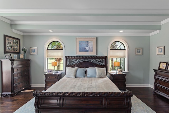 bedroom featuring ornamental molding and dark hardwood / wood-style floors