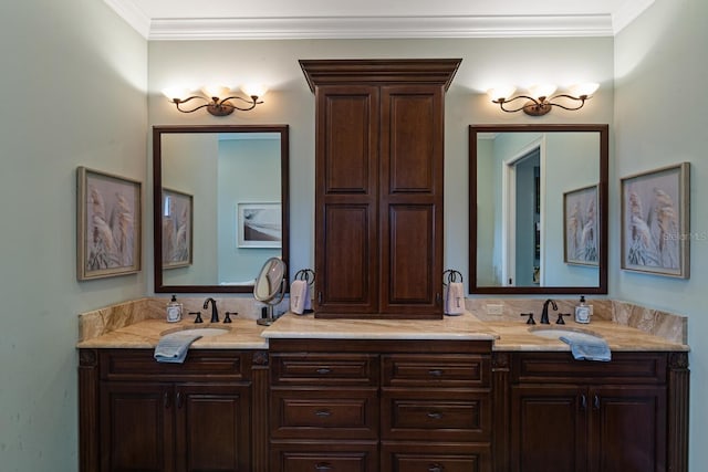 bathroom with vanity and ornamental molding