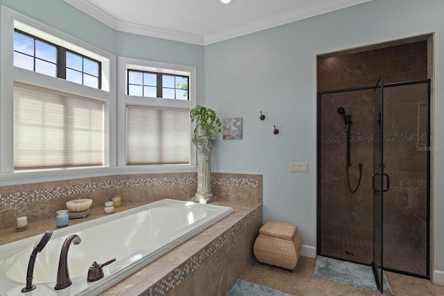 bathroom featuring separate shower and tub, crown molding, and tile patterned flooring