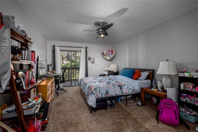 carpeted bedroom featuring access to outside and ceiling fan