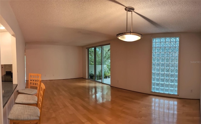 unfurnished living room with light hardwood / wood-style flooring and a textured ceiling