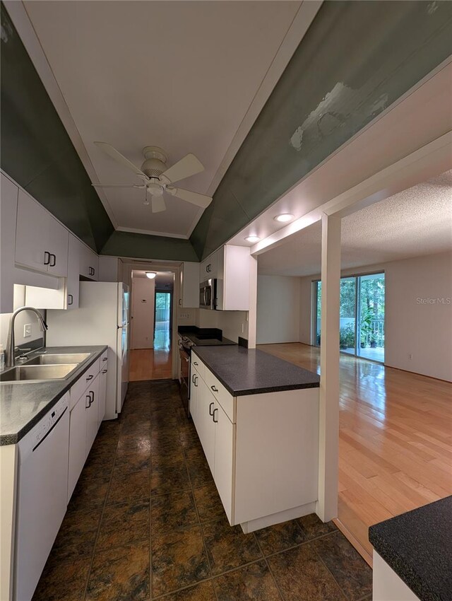 kitchen with sink, dishwasher, white cabinetry, and dark hardwood / wood-style flooring