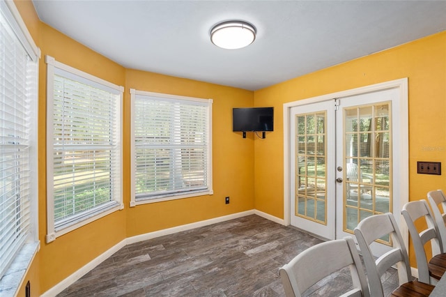 living area featuring french doors, dark hardwood / wood-style floors, and a healthy amount of sunlight