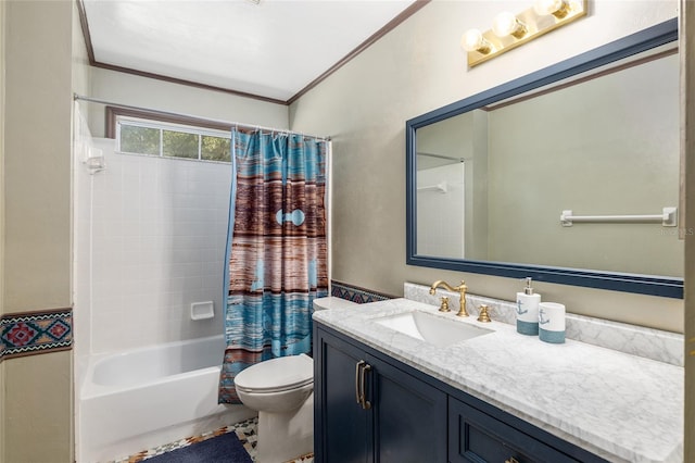 full bathroom featuring toilet, crown molding, vanity, and shower / bathtub combination with curtain