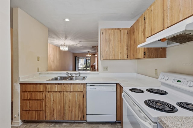 kitchen with sink, ceiling fan with notable chandelier, and white appliances