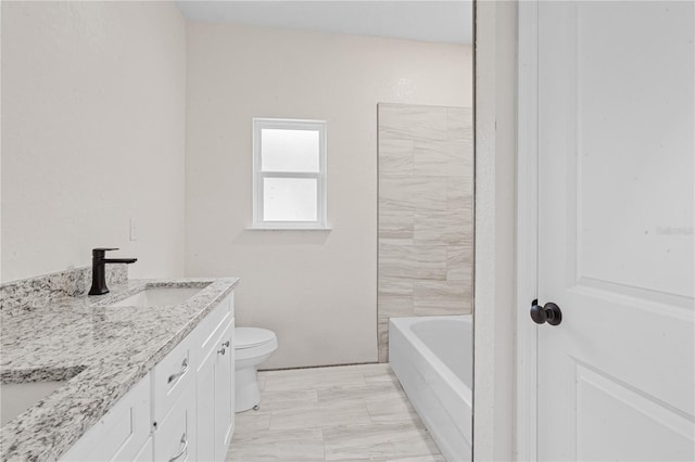 full bathroom with toilet, vanity, and separate shower and tub