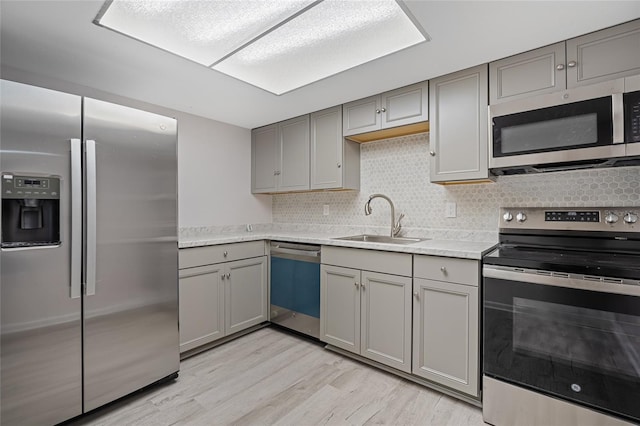 kitchen with tasteful backsplash, stainless steel appliances, sink, and light wood-type flooring