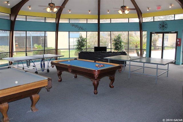 rec room with ceiling fan, carpet, beamed ceiling, and pool table