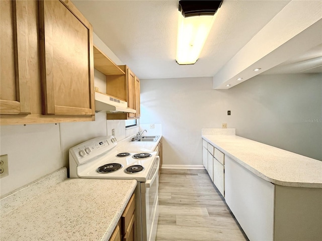 kitchen featuring white electric stove, sink, and light hardwood / wood-style flooring