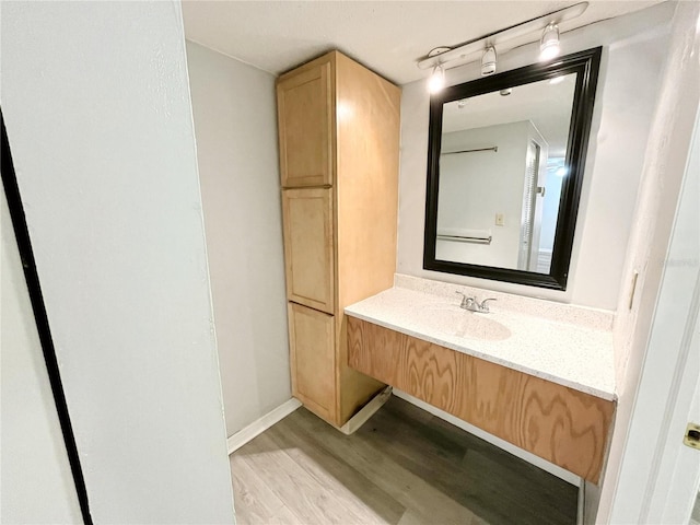 bathroom with vanity and hardwood / wood-style flooring