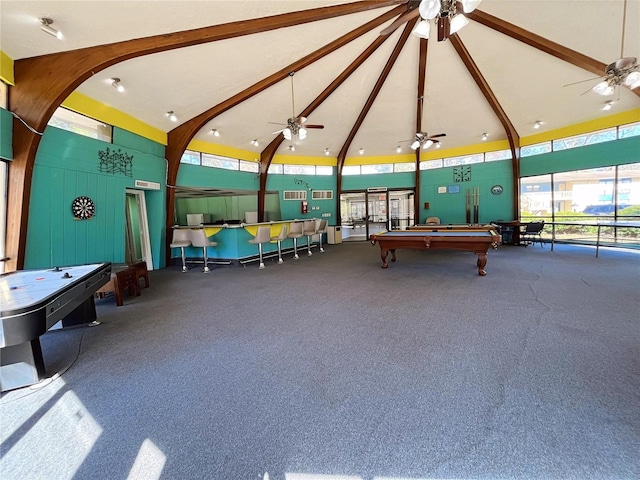 game room featuring ceiling fan, billiards, beam ceiling, and high vaulted ceiling