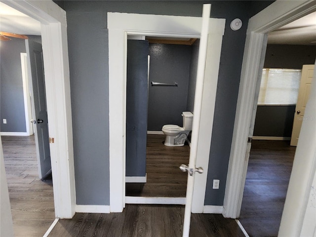 bathroom with hardwood / wood-style flooring, toilet, and ceiling fan