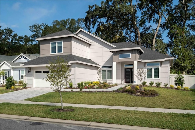 view of front of property with a garage and a front lawn