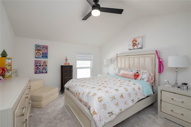 bedroom featuring light carpet, vaulted ceiling, and ceiling fan